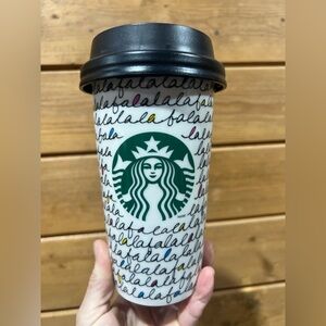 Starbucks Holiday 2011 “Fa La La La La” Tall Ceramic Mug 12 oz Lock-Lid Edition